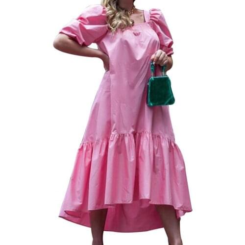 Summer Women Dress Solid Color Elegant Puff Sleeve Spring Square Neck Ruffled Hem Dress Fashion Sundress Beach Party 2021