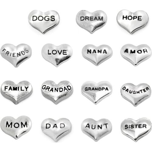 20Pcs/lot Love Dogs Dream Amor Hope Grandad Nana Family Dad Mom Brother Heart Floating Charms Hand-made DIY for Glass Lockets
