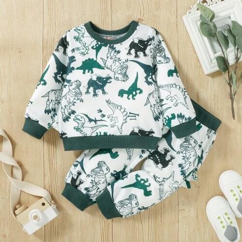 Boys Casual Two-piece Clothes Set, Dark Green Dinosaur Printed Pattern Pullover And Pants Childrens Sets 2021 New Fashion
