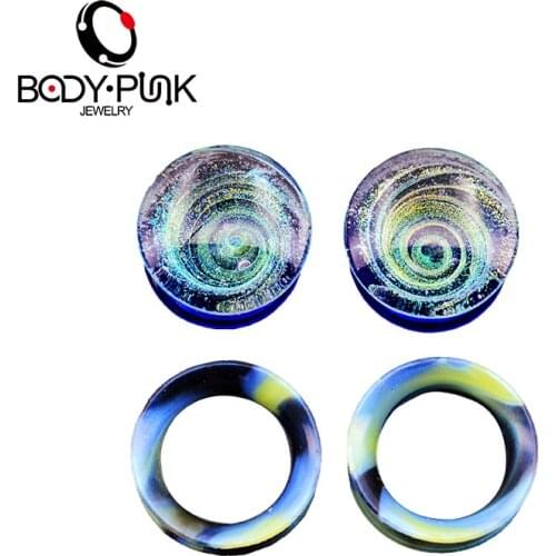 BODY PUNK Fashion Ear Plugs Piercing Jewelry 4pcs Pyrex Glass Bule Galaxy Plug With Green Blue Black Marble Silicone Plug4pcs