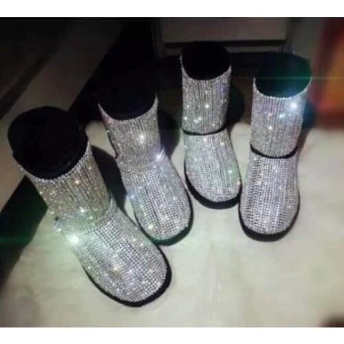 Luxury Shoes Women Designers Bling Rhinestone Embellished Snow Boots Winter Flat Warm Plush Sweet Crystal Handmade Ankle Boots
