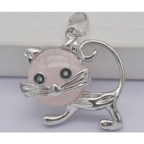 Rose Crystal Stone GEM Pendant Lovely Cat Animal Jewelry S3235