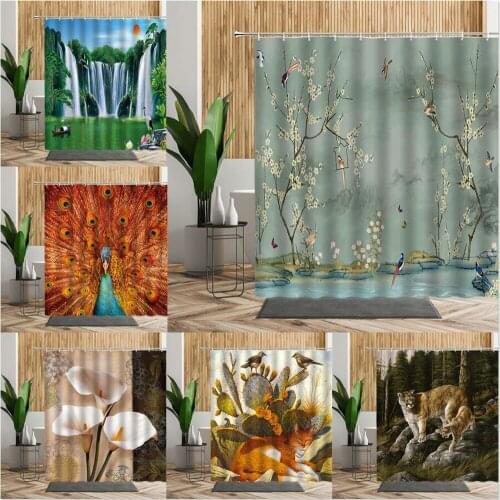 Chinese Style Flower Birds Tree Bath Shower Curtains Waterproof Bathroom Decor With Hooks 3D Print Floral Fabric Hanging Curtain