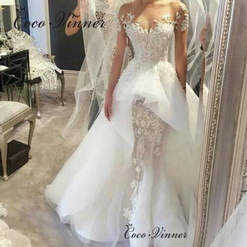 Special Design Quality Dubai Mermaid Wedding Dress 2021 Short Sleeves Sheer Neck Beaded Embroidery Wedding Gown Arab W0718