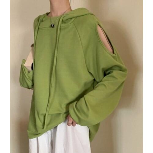 Harajuku Hooded Sweatshirt Solid Loose Off Shoulder Long Sleeve Hoodie Sweatshirts Kawaii Oversize Female Tops New