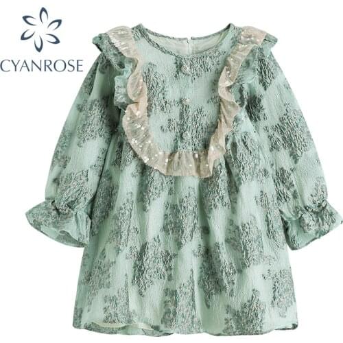 Vintage Casual Women Mini Dress Autumn 2021 Sequin Round Neck Agaric Lace Design Puff Long Sleeve Jacquard Short Dress Female