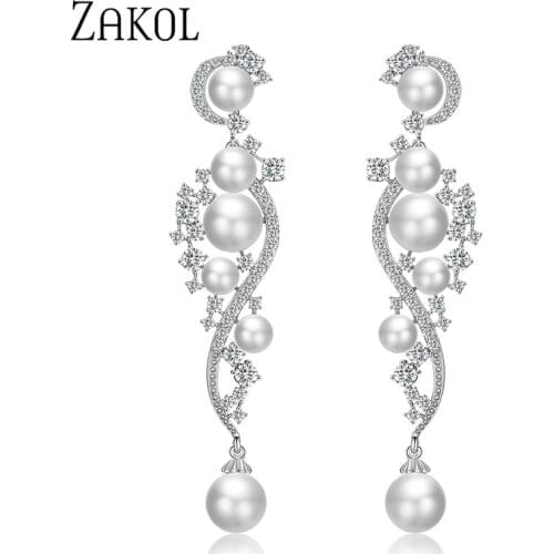 ZAKOL Vintage Pearl Wedding Party Jewelry Luxury Gorgeous Cubic Zirconia Big Long Bridal Earring for Women FSEP2272