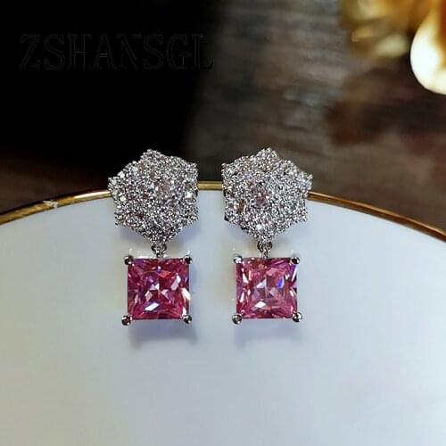 Delicate 100% Silver Color Sparkling Flower Stud Earrings With Clear Pink CZ Women Girls Party Luxury Jewelry Gift