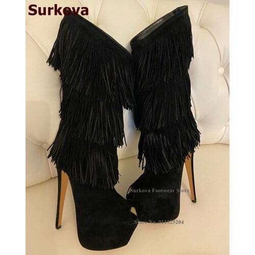 Surkova Elegant Black Suede Fringe Knee Boots Thin High Heels Platform Tassel Dress Boots Women Open Toe Outdoor Dress Shoes