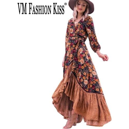Fall 2020 New Bohemian Empire Dresses Fit And Flare Womens Long Sleeve Printed Retro Dress V-Neck Long Skirt Womens Clothing