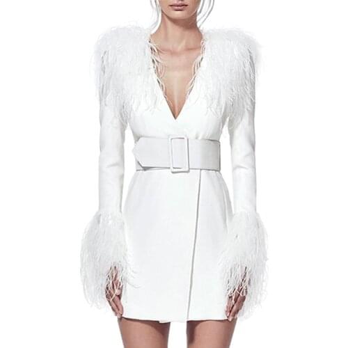 2020 Women Winter Warm Elegant White Midi Dress Jacket Long Sleeve Feathers V-Neck Sexy Celebrity Party Night Dresses Vestidos