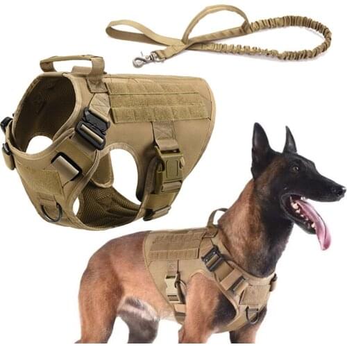 RubRab Tactical Dog Harness Vest Military Working Training Molle Vest Metal Buckles Loop Panels for Dogs with Free Bungee Leash