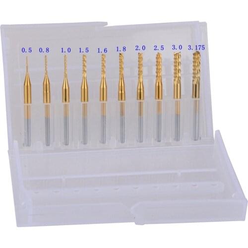 10pcs Titanium Coat Carbide 0.5-3.175mm PCB Carbide Tools, Cutting Bits, Millinging Cutters Kit for Engraving Milling Machine