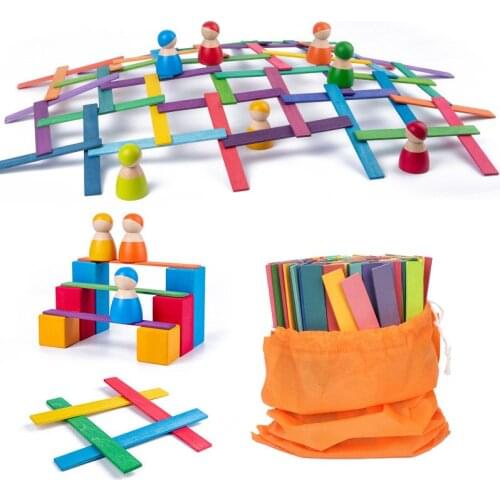 100pcs Kids Wooden Toy Davinci Arch Bridge Rainbow Building Blocks / Montessori woodne toy Stacking Strips Creative Toys