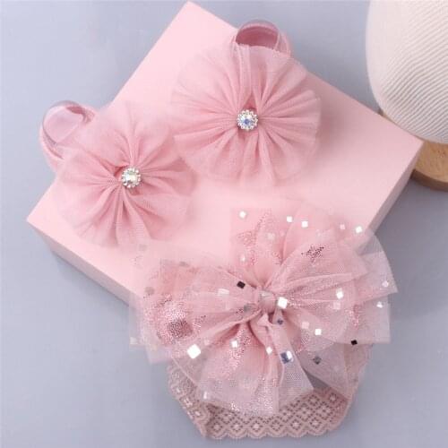 2Pcs Baby Socks Headband Set Anti Slip Newborn Girl Socks With Rubber Soles Lace Flower Bows Infant Toddler Short Floor Socks