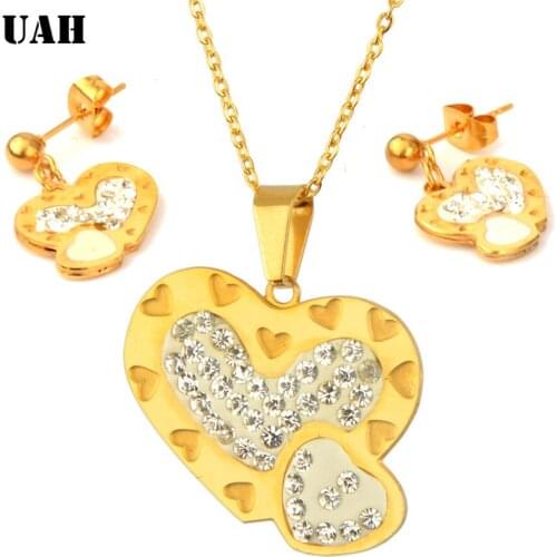 UAH 2018 New Wholesale Austrian Crystal Jewelry Sets Double heart Pendant Necklace Stud Earring Gold Plated Jewellery Women