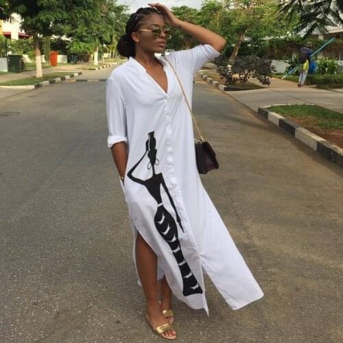 2020 Single Breasted Fashion Sexy Women Long Dress Summer V Neck Long Sleeve Casual Side Split Straight Printed Shirt Dress