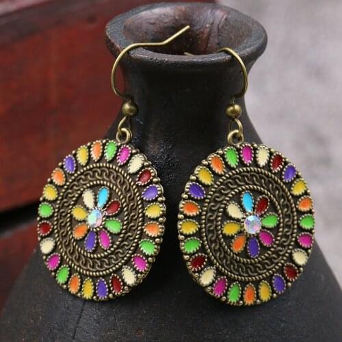 2020 Vintage Ethnic Hippie Womens Boho Big Round Drip Oil Dangle Earrings Multicolor Flower Tibetan Indian Jewelry Oorbellen