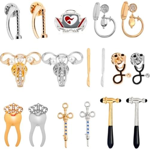 Lapel Pin Medicial Equiment Theme Brooch Defibrillator Microscope Stethoscrope Blood Pressure Monitor syringe Rhinestone Pins