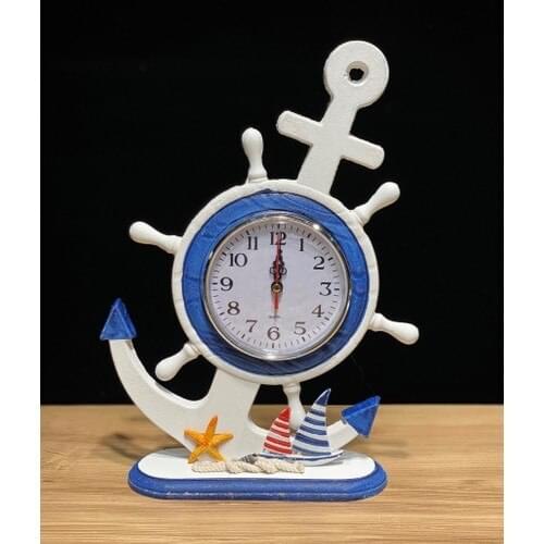 Town Shop Horizontal Anchor and Rudder Design Wooden Marine Table Clock