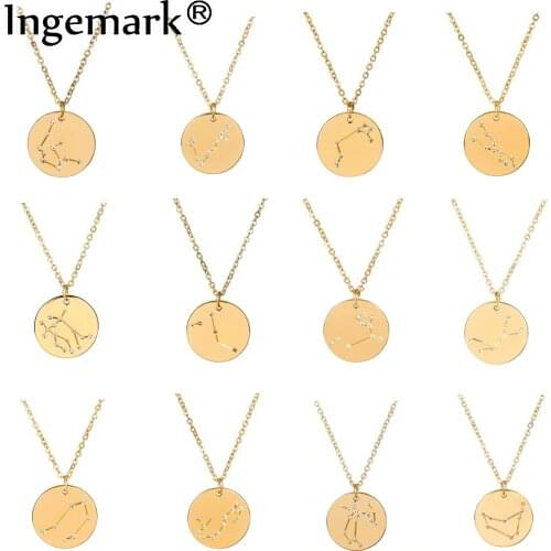 Ingemark 12 Zodiac Constellations Pendant Choker Necklace Birthday Gift Unique Crystal Leo Libra Women Long Chain Necklace