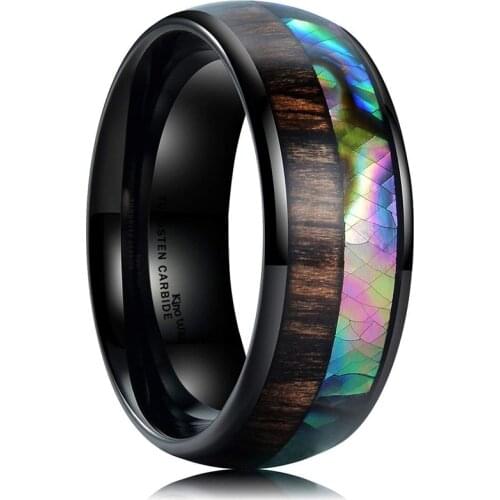 8mm Men Rings Fashion Black Tungsten Carbide Ring Wood Abalone Shell Inlaid Wedding Engagement Jewelry Anniversary Party Gifts