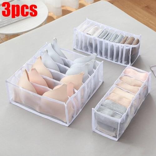 3pcs 6/7/11 Grids Foldable Underwear Storage Box Closet Drawer Divider Lidded Closet Organizer Box Ties For Bra Socks Storage