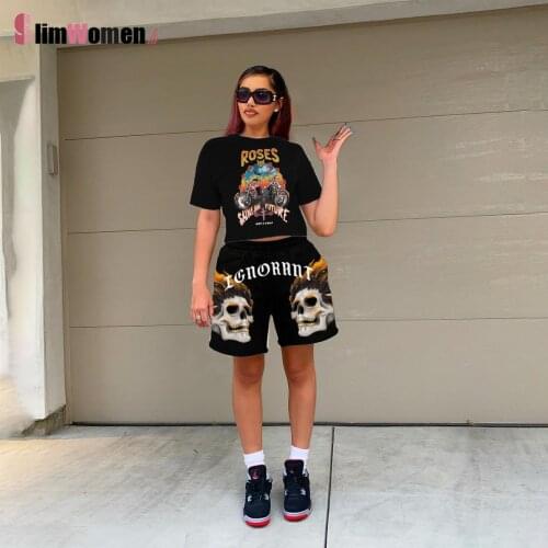 Summer Hip Hop Shorts Set Tracksuit Women Two Piece Skull Print T-shirt Short Pants Set Boyfriends Basketball Shorts Streetwear