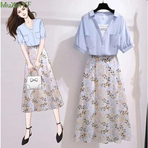 Summer Womens Suit 2021 New Casual Plus Size Shirt Floral Midi Skirt Two-piece Korean Trendy Elegant Short Crop Top Dress Set