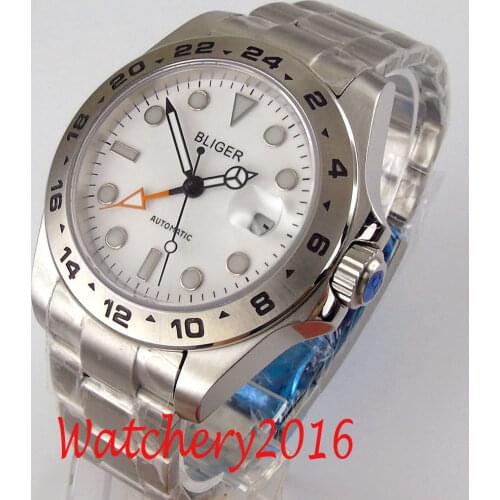 43mm Bliger White Blue Green Dial Sapphire Glass Date GTM Luminous Automatic Movement Mens Watch