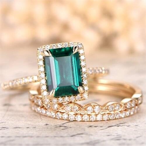 Exquisite Fashion Rose Gold Inlaid Green Zircon Ring Eternity Birthstone Jewelry Women Wedding Band Bride Engagement Ring Set