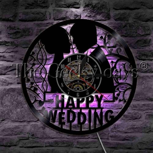 Happy Wedding Vinyl Record Wall Clock Color Changing Wall Light For Wedding Anniversary Marriage LED Hanging Lamp Gift
