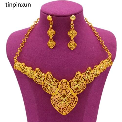 PINXUN 24K Jewelry Set Dubai African Bridal Wedding Accessories Ornament Gold Color Necklace/Earrings Jewelry Set For women Gift