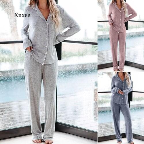 Sleeping Button Down Loose Drawstring Closure Soft V Neck Loungewear Trousers Adult Women Two Piece Home Long Sleeve Pajama Set