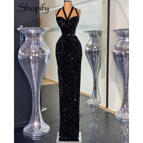 Real Sample Skinny Black Long Evening Dresses 2021 Sexy Sleeveless Dubai Style African Women Sequin Formal Gowns