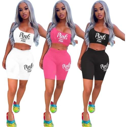 S-XL summer 2021 two piece set women outfit Solid color casual sports printed one-shoulder top and shorts Wholesale Dropshipping