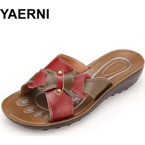 YAERNICrochet and buckle genuine leather cork slippers women non-slip flat beach flipflop mixed color stitching wedges heel slid