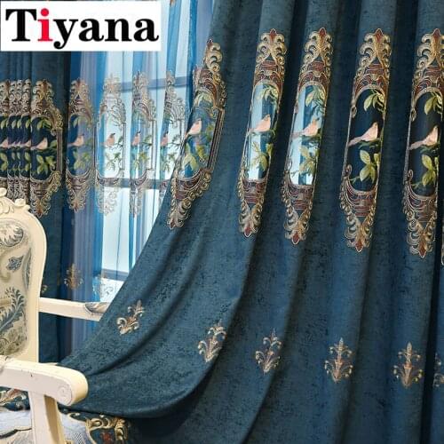 Blue Luxury Hollow Out Chenille Embroidered Bird Curtains for Living Room Chinese Classical Semi-Blackout Window Drape JK275Z