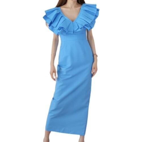 Sexy blue maxi tight Dress one piece kroean ladies SUmmer ruffle Sleeveless Cabaret party bodycon formal Dress for women