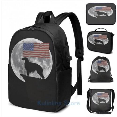Funny Graphic print Moon Borzoi USA Flag Funny Borzoi Design USB Charge Backpack men School bags Women bag Travel laptop bag