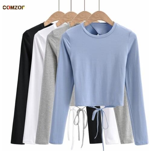 Hollow Out Women Long Sleeve T Shirt Bandage 2021 Spring Summer Tees Sexy Backless INS Fashion Tops Clothing Vetement Femme