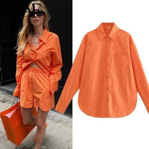 TRAF Women Clothes Orange Shirts Street Fashion Long Sleeve Blouses Vintage Single Pocket Button Loose Office Ladies Tops Mujer
