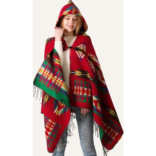 Autumn Winter Women Vintage Cape Hooded Cloak Geometric Buckle Tassel Warm Bohemian Casual Poncho Tops Cardigan