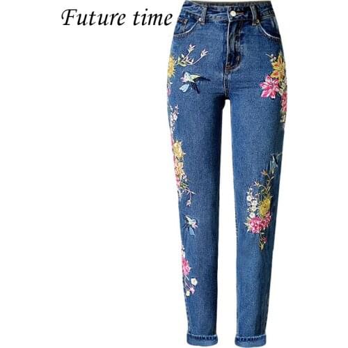 Women embroidery jeans, slim fitting ripped high waist deninm pants, spring straight jeans pants, 2017 fashion tight pants C1354