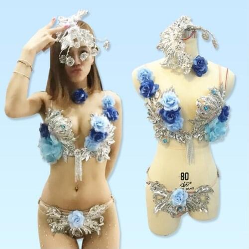 Nightclub dance cloth DJ sexy Perspective Sequins Flower Stage Costume dance