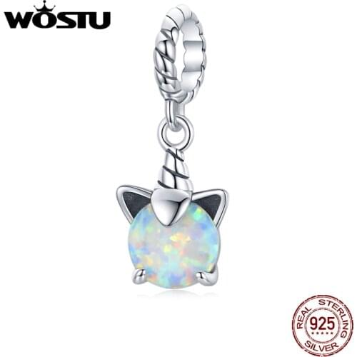 WOSTU 925 Sterling Silver Charm Unicorn Bead Opal Pendant Fit Original Bracelet Necklace For Women Jewelry CTC474