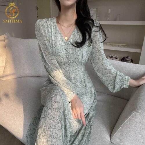 SMTHMA French V-Neck Print Bohe Dress Women 2021 New Autumn Elegant Long Dress Robe