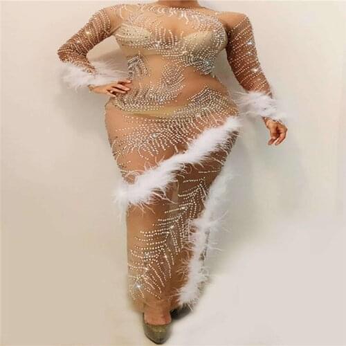 P1 Female ehinestones evening dress see through sexy hip skirt feather crystal outfit mesh perspective dress host birthday wear