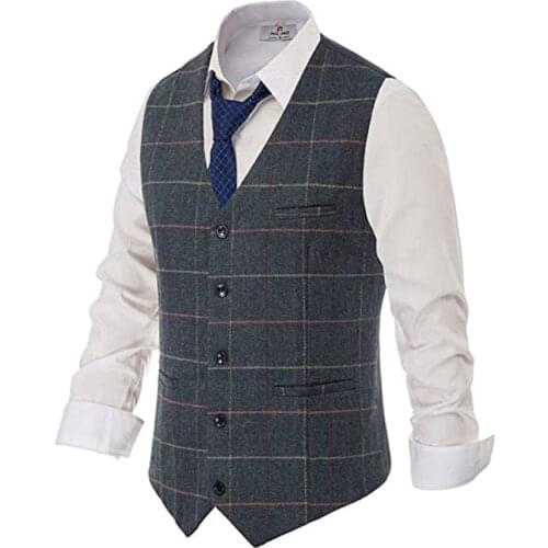 Mens Suit Vest V Neck Striped/Lattice Herringbone Wool Tweed Silm Fit For Formal Wedding Casual Men‘s Vest 2021 (No Tie)