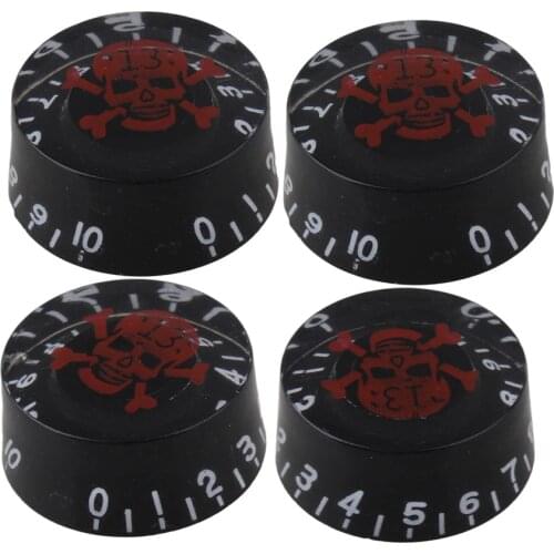 1 SET OF 4 ELECTIC GUITAR KNOB BLK/ RED SKULL LOGO